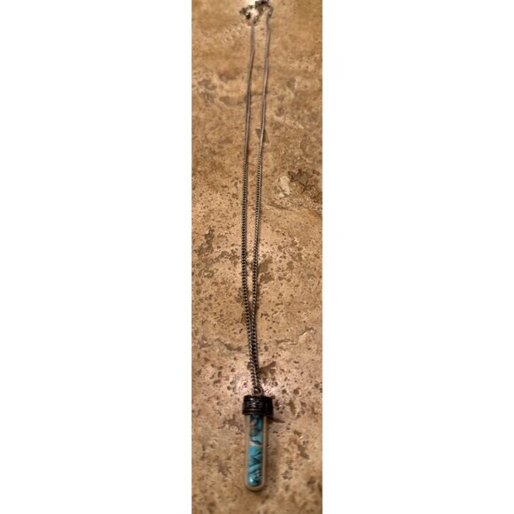 Miniature Glass Vial Necklace With Blue Turquoise Stones On Silver Chain - Picture 1 of 5